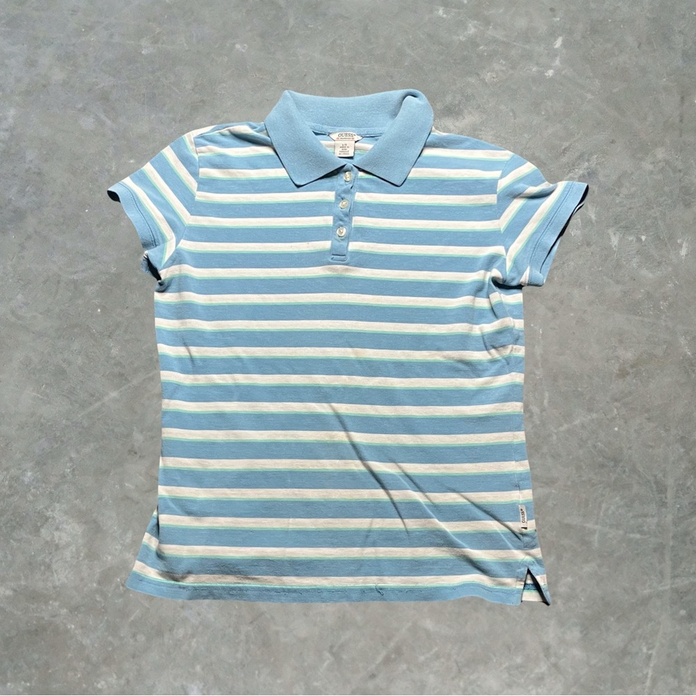 ☀️ Vintage Guess Striped Polo Shirt Womens Size Large Blue/White/Green Y2K